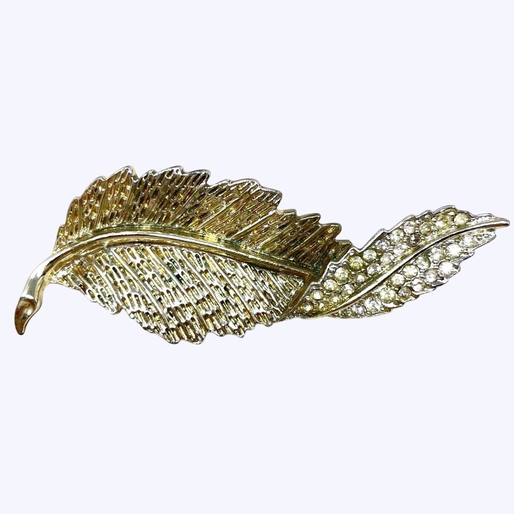 Sarah Coventry Vintage Gold Tone Double Leaf Rhinestone Brooch Pin MCM